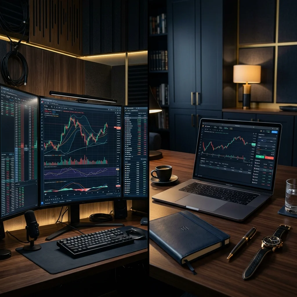 Professional multi-monitor trading desk setup with candlestick charts and live market analysis